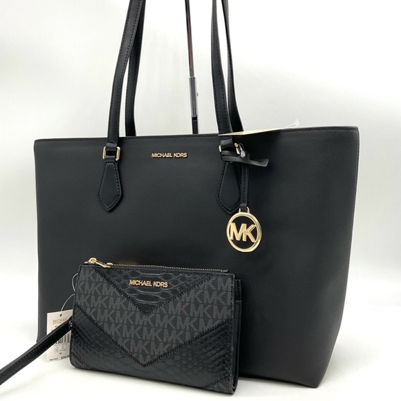 Michael Kors Bag Large Sheila Mf Tote Bag & Large Double Zip Wallet Black/Gold - Picture 2 of 14